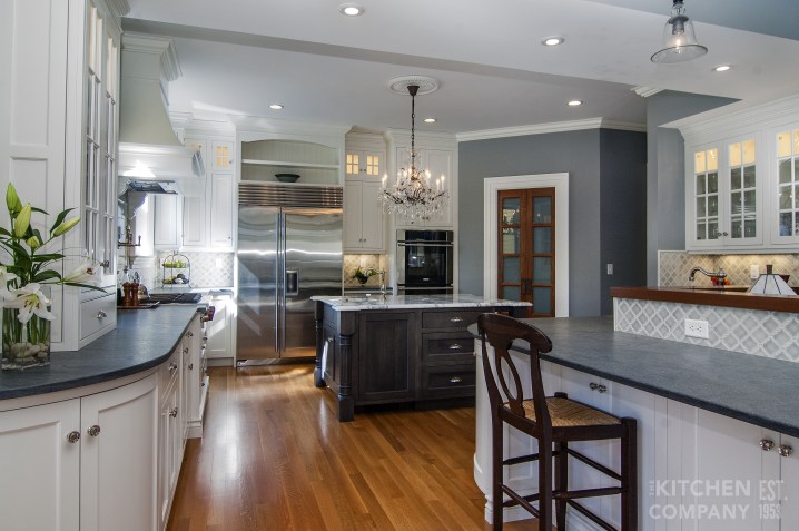 blue themed kitchen with wood floors